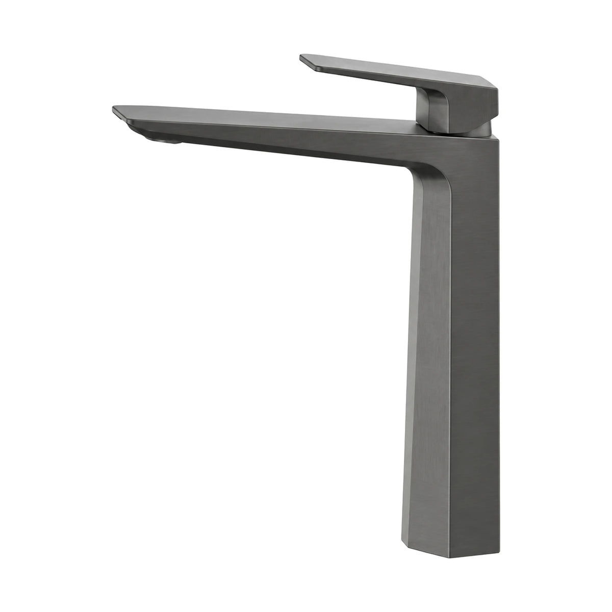 Gun metal grey single hole bathroom faucet with faceted wedge body widening upward and flat blade spout, tall vessel height — SANIKB B1015 02 45 1