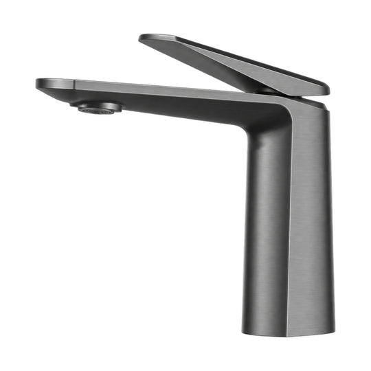 Gun metal grey single hole bathroom faucet with faceted tapered body and upswept blade lever — SANIKB B029 01 45 1