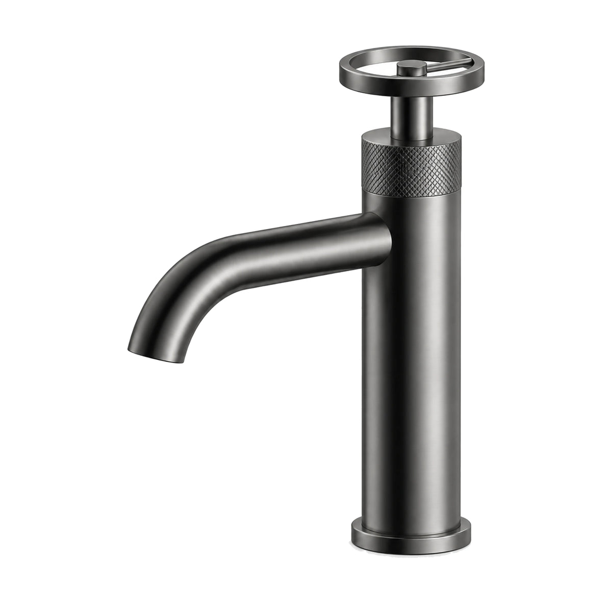 Gun metal grey single hole bathroom faucet with spoked wheel handle, knurled band and curved tube spout — SANIKB B088 01 45 1