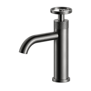 Gun metal grey single hole bathroom faucet with spoked wheel handle, knurled band and curved tube spout — SANIKB B088 01 45 1