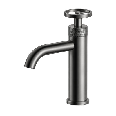 Gun metal grey single hole bathroom faucet with spoked wheel handle, knurled band and curved tube spout — SANIKB B088 01 45 1