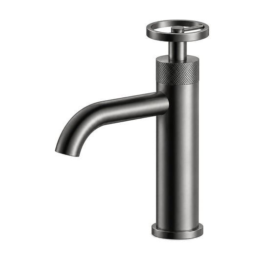 Gun metal grey single hole bathroom faucet with spoked wheel handle, knurled band and curved tube spout — SANIKB B088 01 45 1