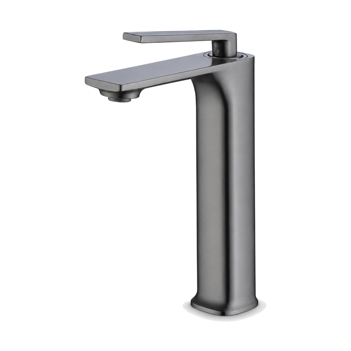 Gun Metal Grey — Matte black and rose gold single hole bathroom faucet with long blade lever on a ring collar and flat spout, tall vessel height — SANIKB DL-01 086-QH