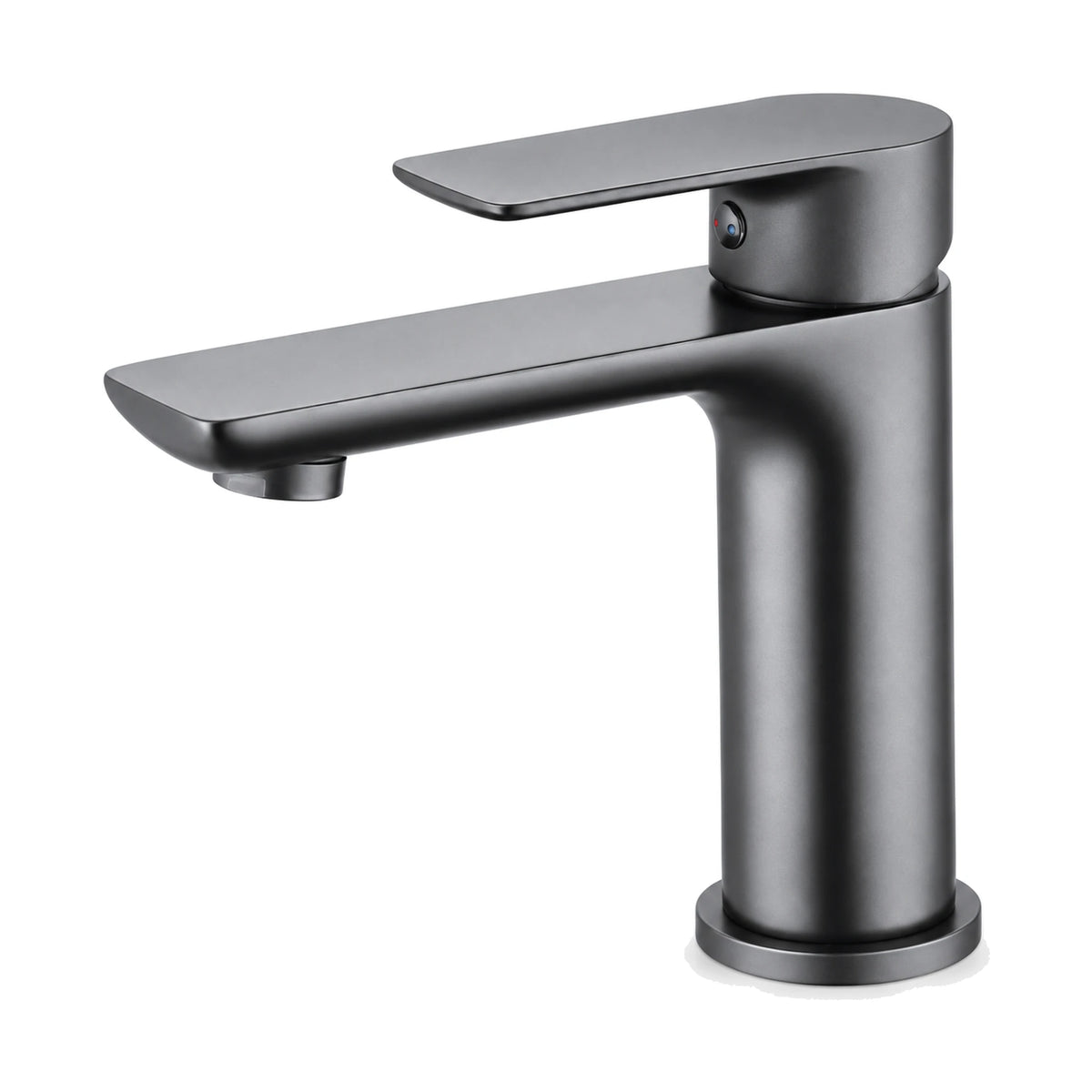 Gun Metal Grey tall round single hole bathroom faucet with flat blade lever and flat angular spout with rounded tip — SANIKB DL-01 070-QH