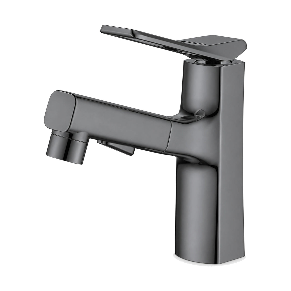 Gun Metal Grey — Matte black single hole bathroom faucet with pull-out spray head, tapered square body and open frame lever — SANIKB DL-01 136-QH