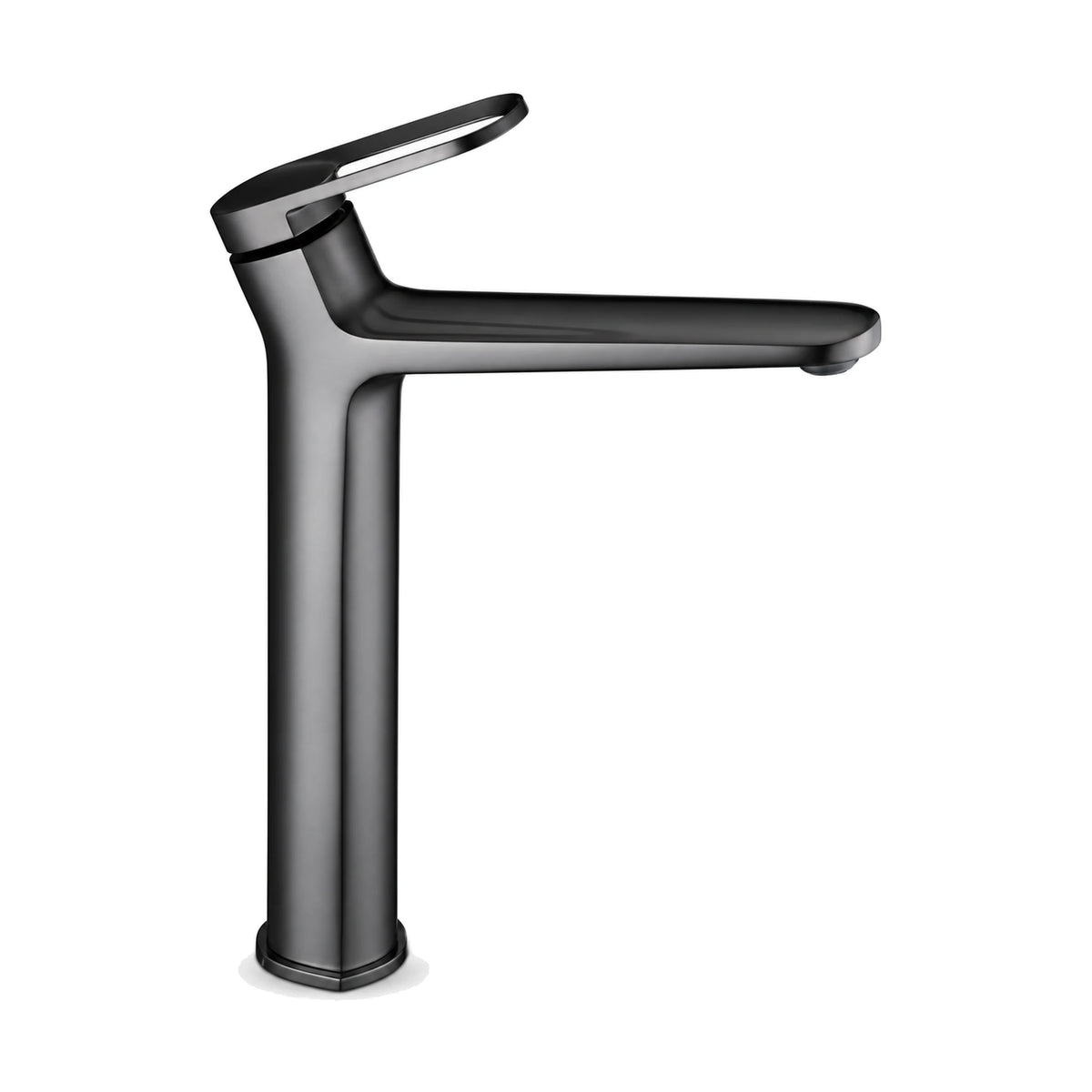 Gun Metal Grey — Matte black round column bathroom faucet with hollow oval loop lever and long flat horizontal spout, tall vessel height — SANIKB DL-01 630-QH