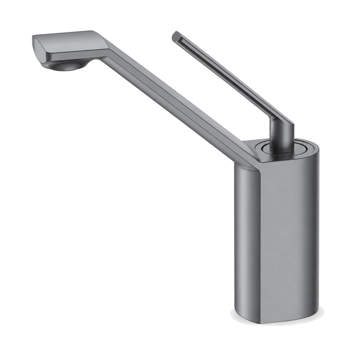 Gun Metal Grey — Matte black single hole bathroom faucet with long slanted arm, flat outlet head and thin angled pin lever, tall vessel height — SANIKB DL-01 627-QH