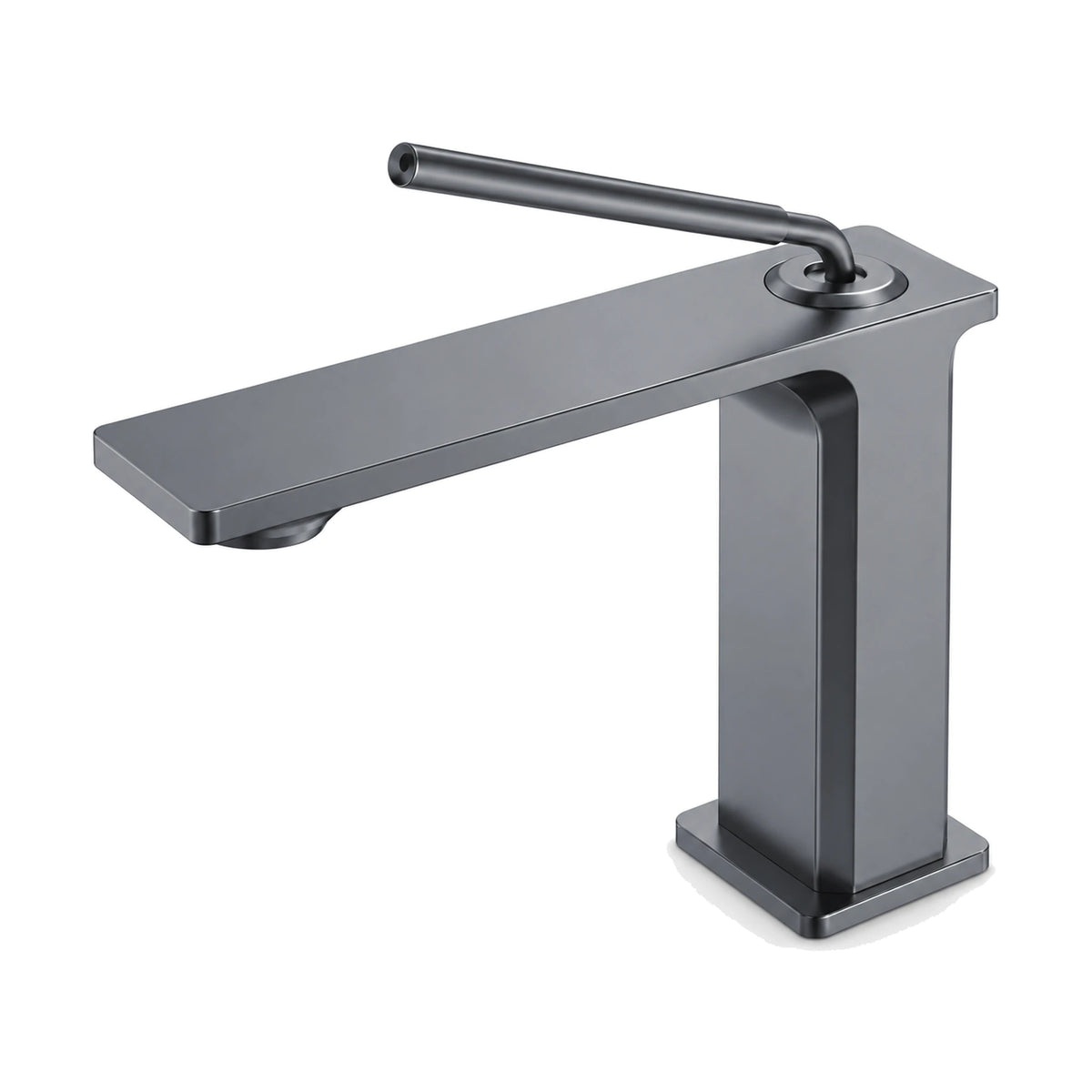 Gun Metal Grey — Matte black rectangular column bathroom faucet with wide flat plate spout on top and thin rod pin lever — SANIKB DL-01 631-QH