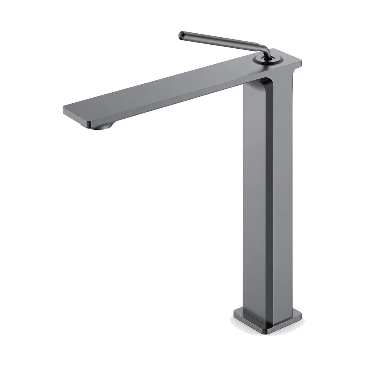 Gun Metal Grey — Matte black rectangular column bathroom faucet with wide flat plate spout on top and thin rod pin lever, tall vessel height — SANIKB DL-01 632-QH