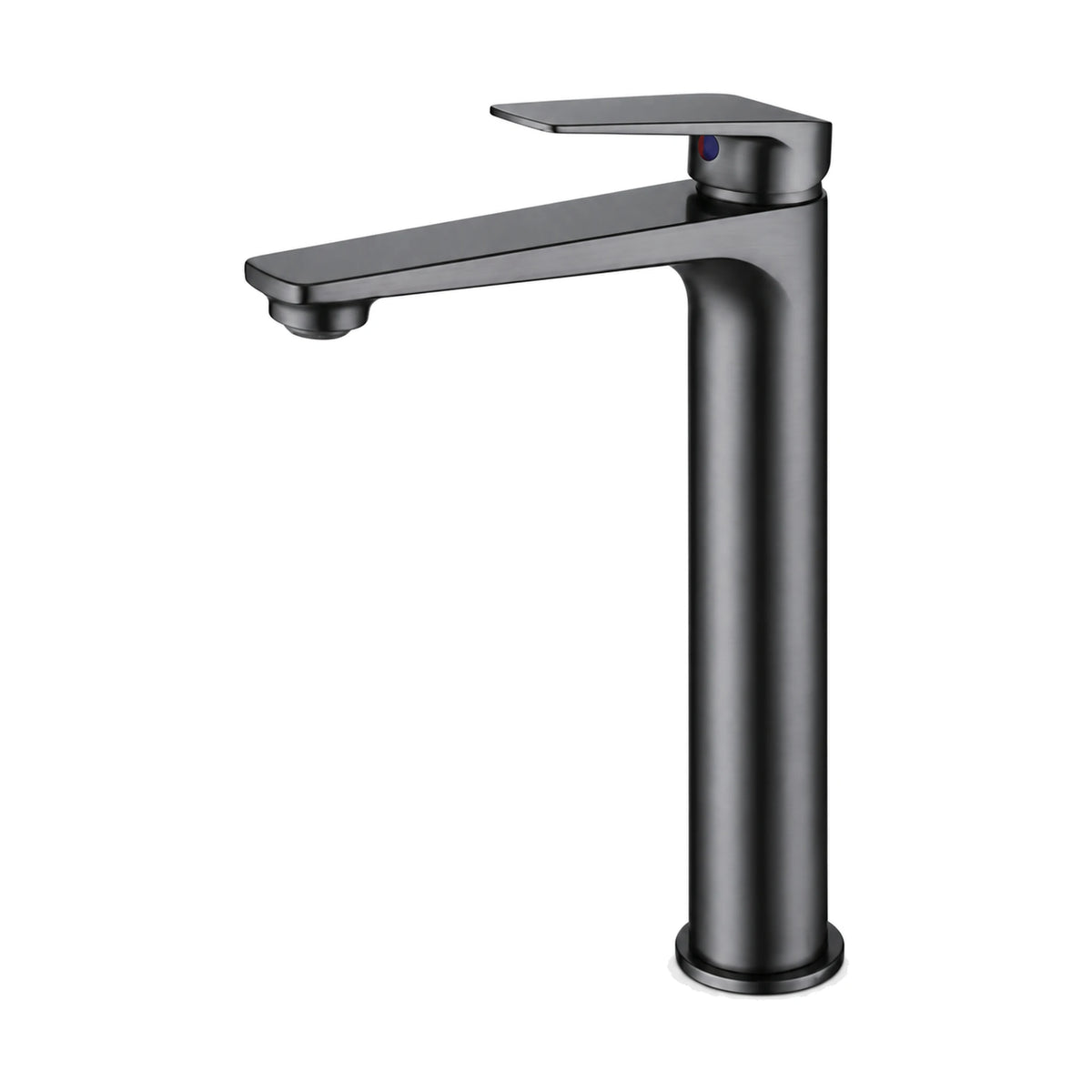 Gun Metal Grey tall slim round column bathroom faucet with thin flat straight spout and tapered paddle lever — SANIKB DL-01 075-QH