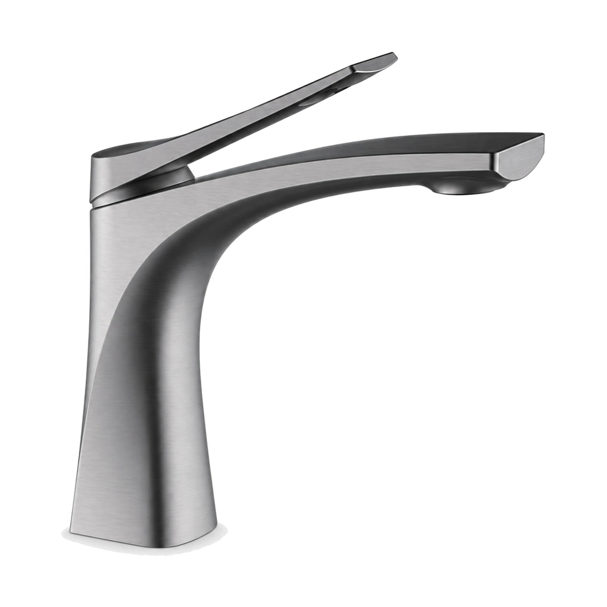 Gun Metal Grey — Matte black sculpted bathroom faucet with body flaring at the base and arcing into a flat tapered spout — SANIKB DL-01 117-QH