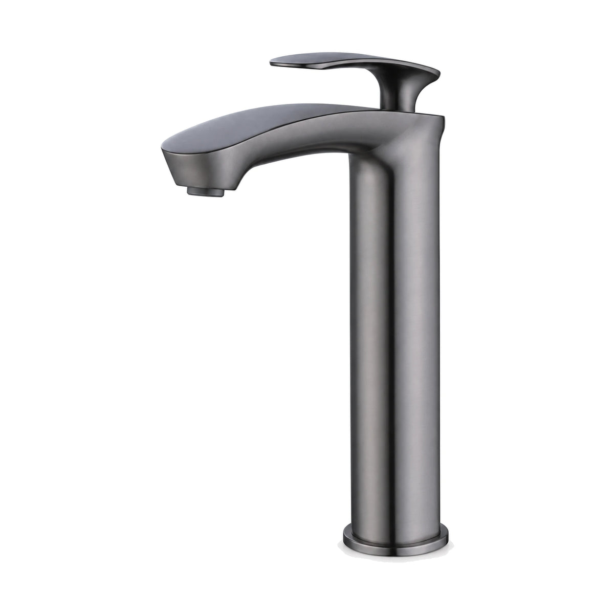 Gun Metal Grey — Matte black tall round column bathroom faucet with wide flat downward-curving spout and oval paddle lever — SANIKB DL-01 009-QH