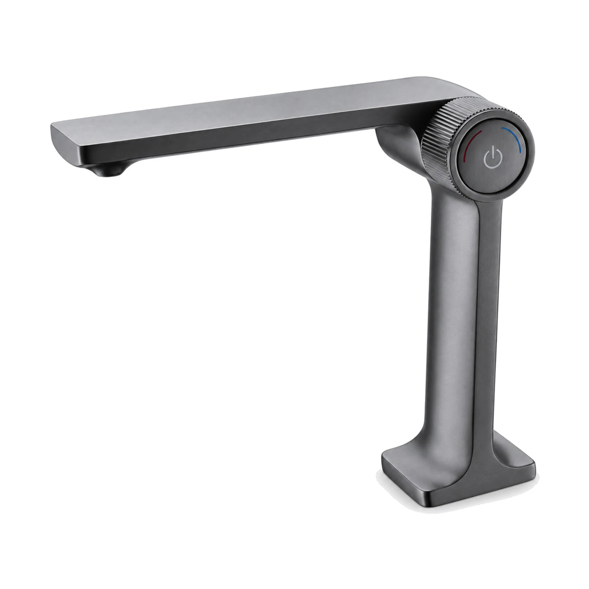 Gun Metal Grey — Matte black slim column bathroom faucet with right-angle blade spout and knurled side knob with push button — SANIKB DL-01 127-QH