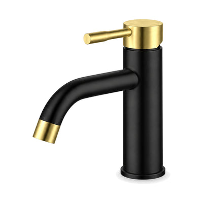 Matte black single hole bathroom faucet with brushed gold spout tip, gold top cap and gold pin lever — SANIKB B205 01 47 2