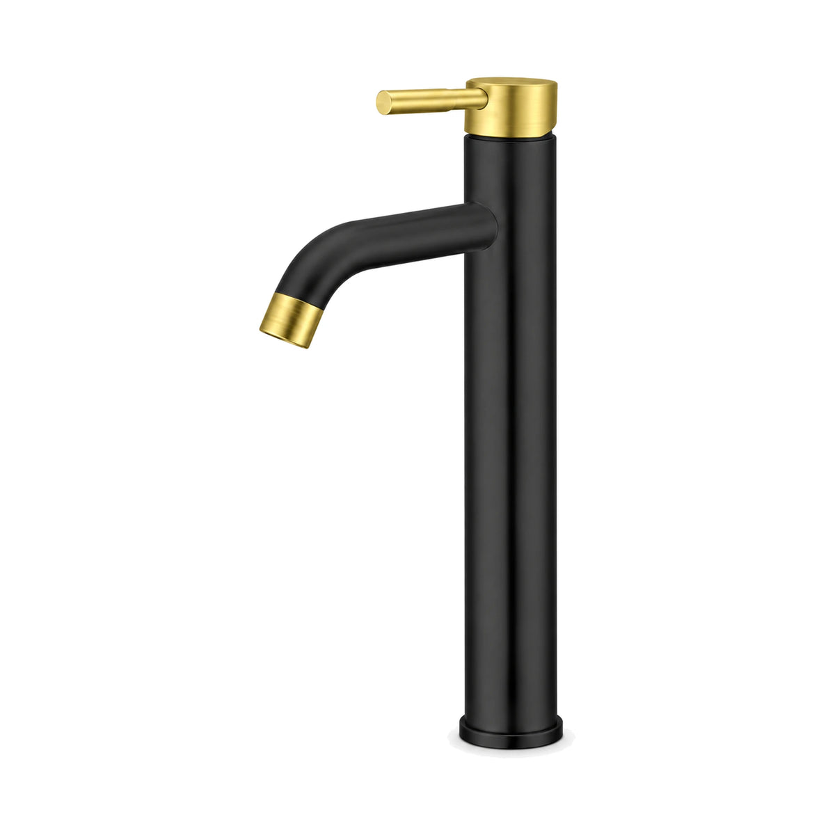 Matte black single hole bathroom faucet with brushed gold spout tip, gold top cap and gold pin lever, tall vessel height — SANIKB B205 02 47 2
