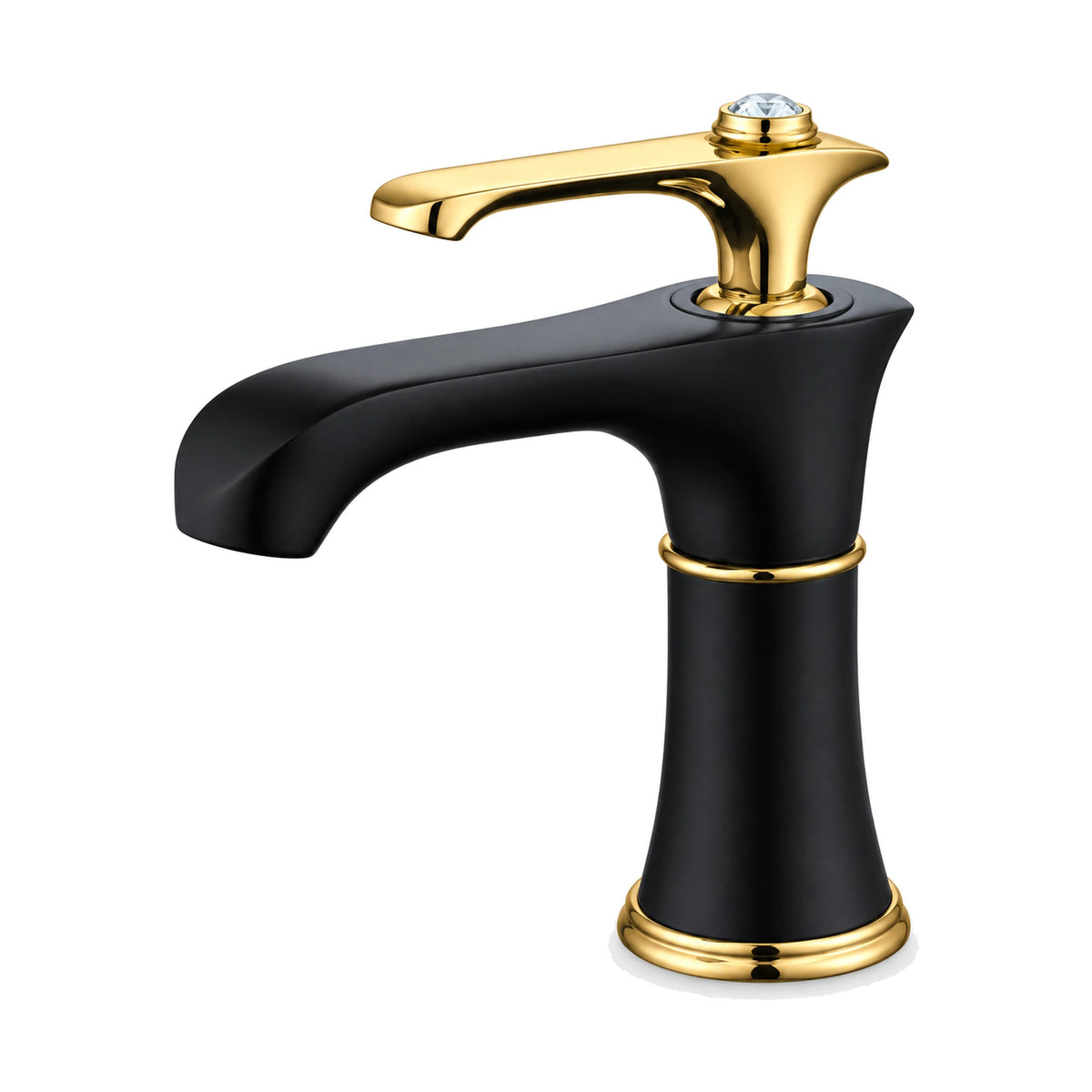 Matte black and gold waisted bathroom faucet with gold rings, curved spout and ornate lever with clear stud — SANIKB DL-01 054-BG