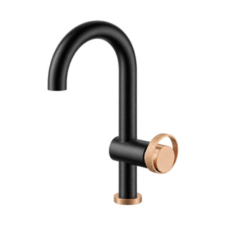 Matte black single hole bathroom faucet with high C-shaped swan-neck spout and rose gold knurled side dial — SANIKB B1004 01 64 2