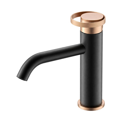 Matte black single hole bathroom faucet with rose gold knurled top dial, gold base ring, curved spout — SANIKB B1004F 01 64 2