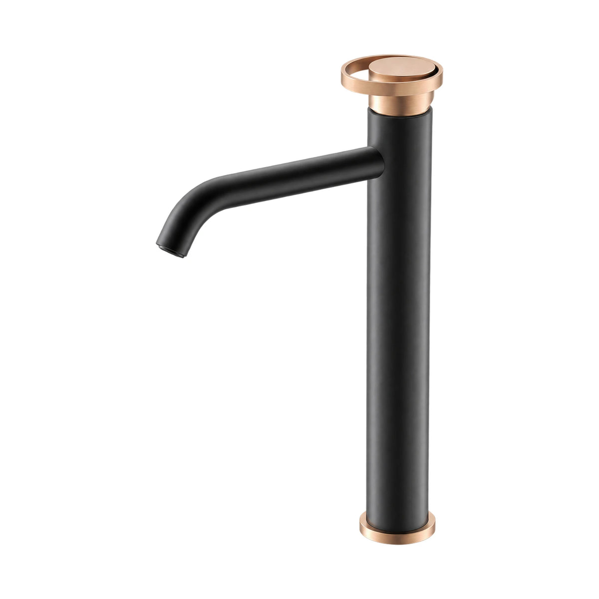 Matte black single hole bathroom faucet with rose gold knurled top dial, gold base ring, curved spout, tall vessel height — SANIKB B1004F 02 64 2