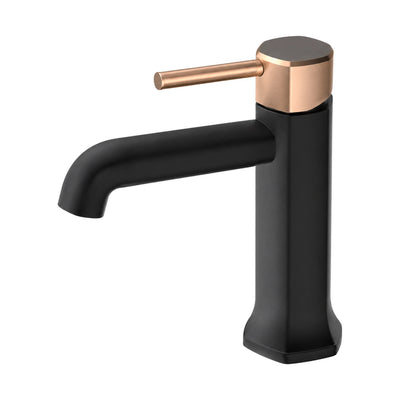 Matte black six-facet single hole bathroom faucet with six-sided rose gold top cap and rose gold pin lever — SANIKB B1026 01 10 5