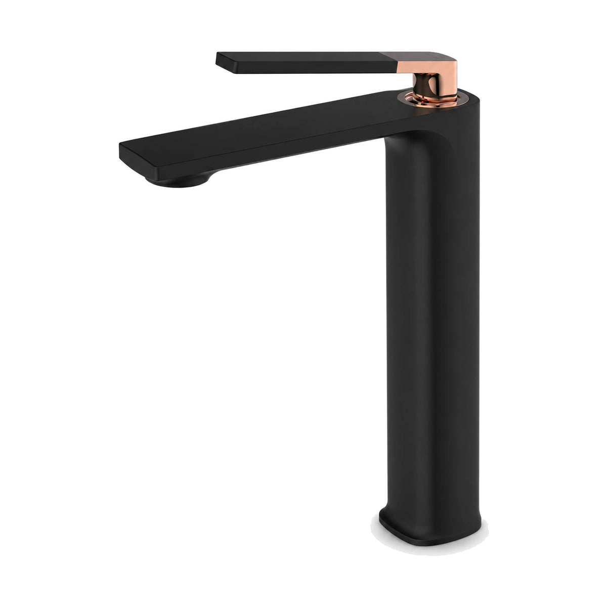 Matte Black & Rose Gold — Matte black and rose gold single hole bathroom faucet with long blade lever on a ring collar and flat spout, tall vessel height — SANIKB DL-01 086-BM