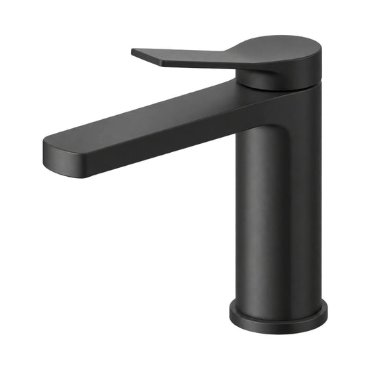 Matte black single hole bathroom faucet with curved blade lever, flat rectangular spout and round base — SANIKB B091 01 31 1