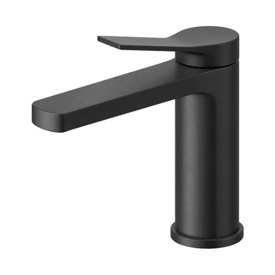 Matte black single hole bathroom faucet with curved blade lever, flat rectangular spout and round base — SANIKB B091 01 31 1