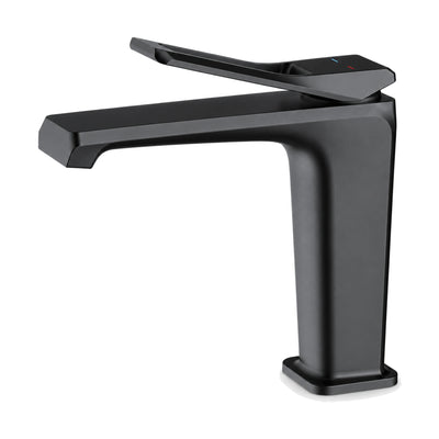 Matte Black — Matte black tapered square body bathroom faucet with open rectangular frame lever and flat angular spout — SANIKB DL-01 134-BK