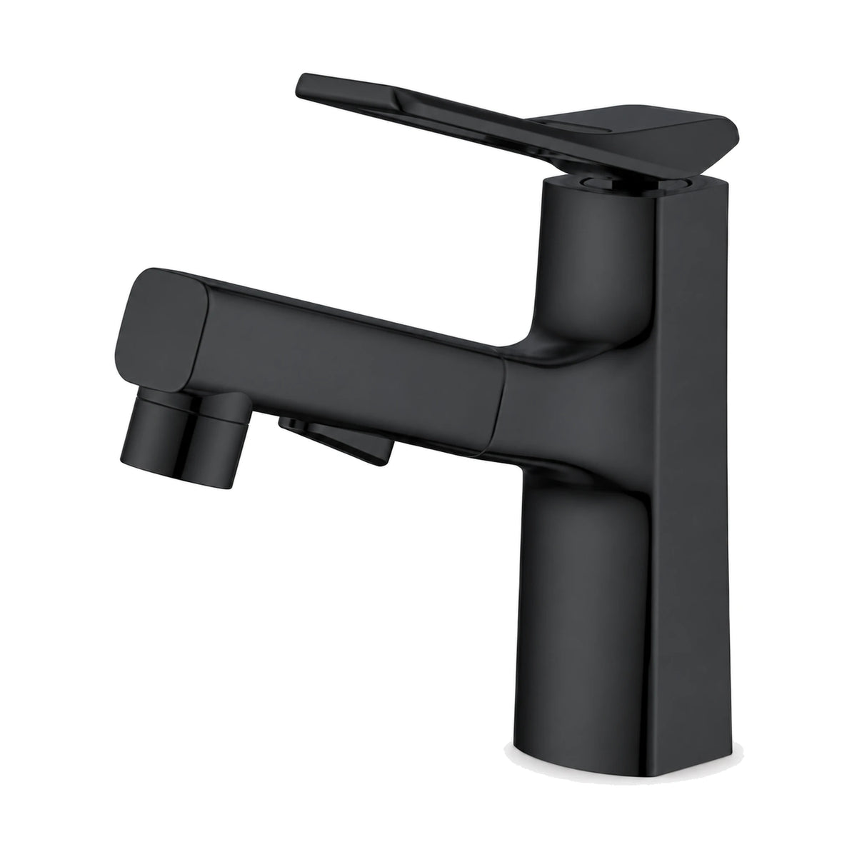 Matte Black — Matte black single hole bathroom faucet with pull-out spray head, tapered square body and open frame lever — SANIKB DL-01 136-BK