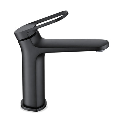 Matte Black — Matte black round column bathroom faucet with hollow oval loop lever and long flat horizontal spout — SANIKB DL-01 629-BK