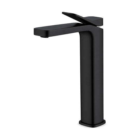 Matte Black — Matte black tall square slab body bathroom faucet with rounded corners, flat spout and wedge plate lever — SANIKB DL-01 071-BK