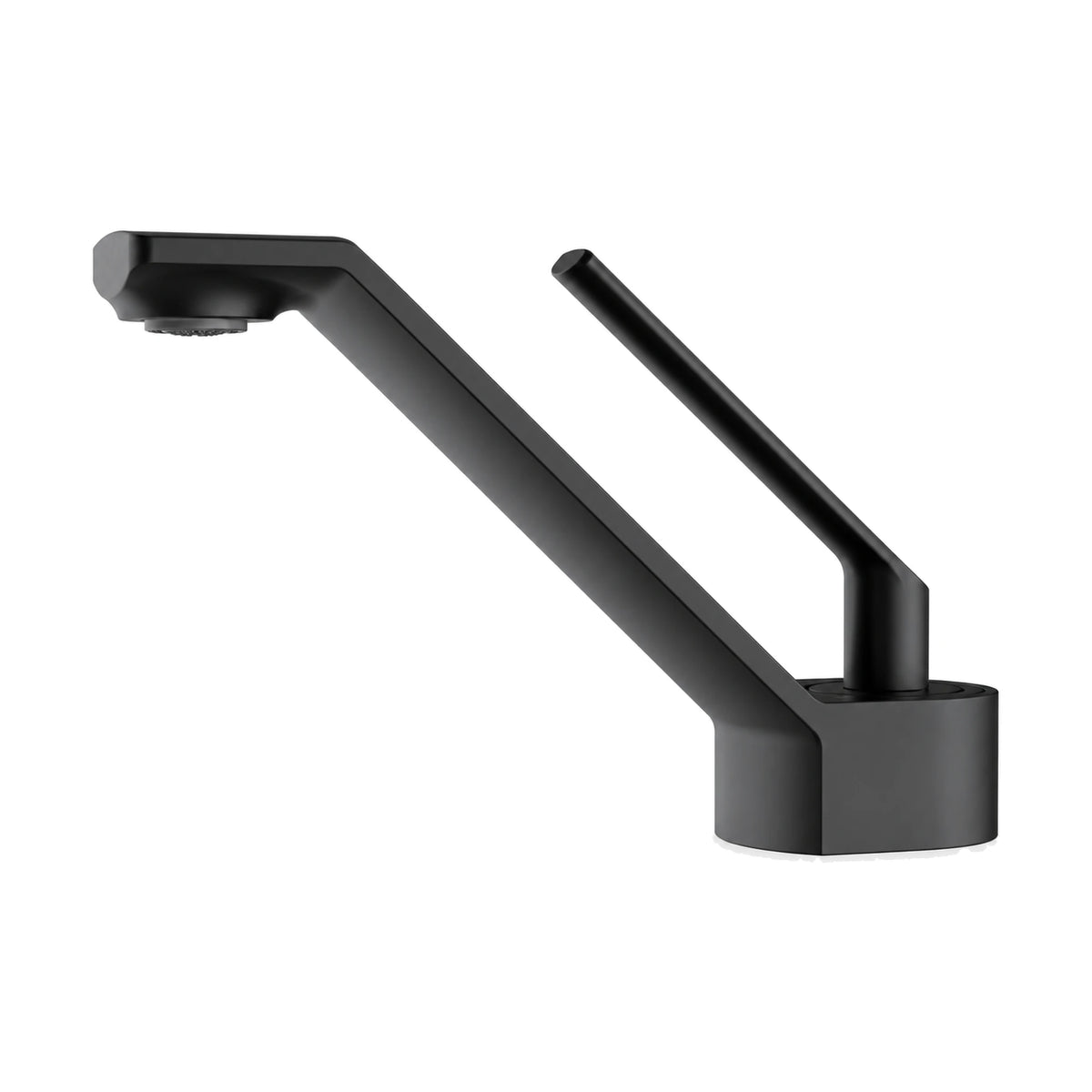Matte Black — Matte black single hole bathroom faucet with long slanted arm, flat outlet head and thin angled pin lever — SANIKB DL-01 626-BK
