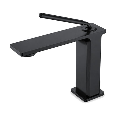 Matte Black — Matte black rectangular column bathroom faucet with wide flat plate spout on top and thin rod pin lever — SANIKB DL-01 631-BK