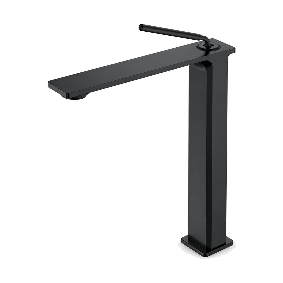 Matte Black — Matte black rectangular column bathroom faucet with wide flat plate spout on top and thin rod pin lever, tall vessel height — SANIKB DL-01 632-BK
