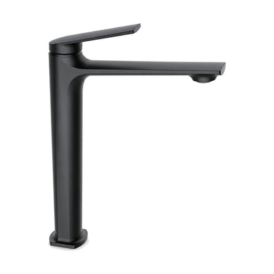 Matte Black — Matte black tall square-edged column bathroom faucet with long flat spout and thin flat top lever — SANIKB DL-01 118-BK