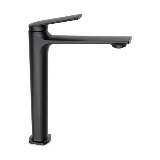 Matte Black — Matte black tall square-edged column bathroom faucet with long flat spout and thin flat top lever — SANIKB DL-01 118-BK