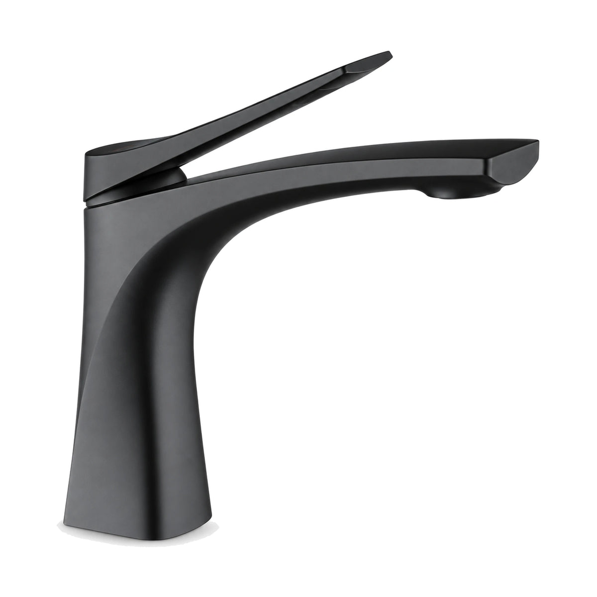 Matte Black — Matte black sculpted bathroom faucet with body flaring at the base and arcing into a flat tapered spout — SANIKB DL-01 117-BK