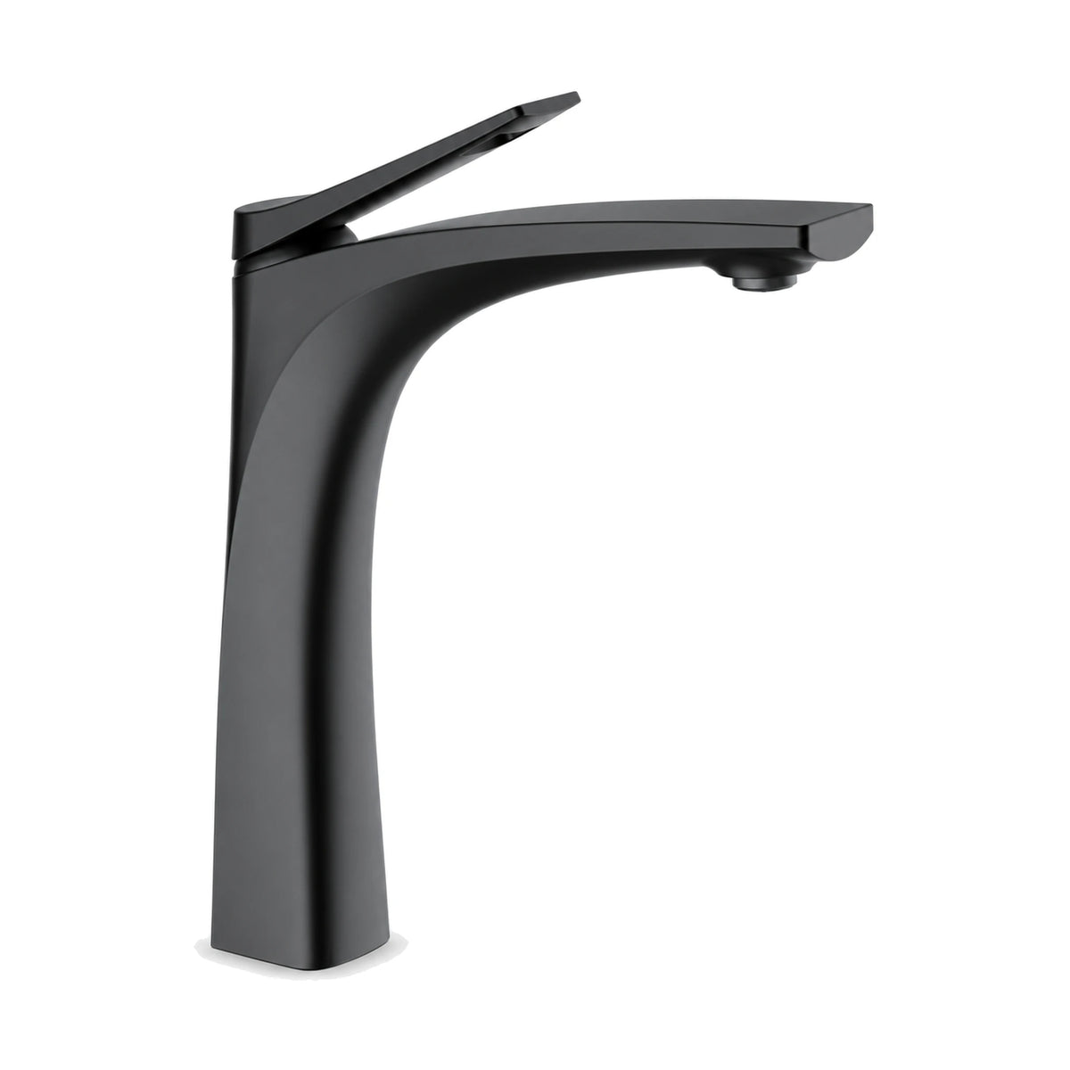 Matte Black — Matte black sculpted bathroom faucet with body flaring at the base and arcing into a flat tapered spout, tall vessel height — SANIKB DL-01 116-BK