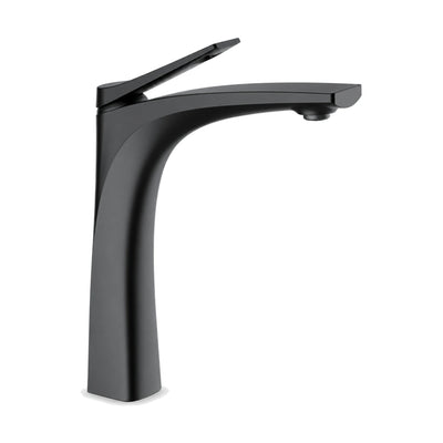 Matte Black — Matte black sculpted bathroom faucet with body flaring at the base and arcing into a flat tapered spout, tall vessel height — SANIKB DL-01 116-BK