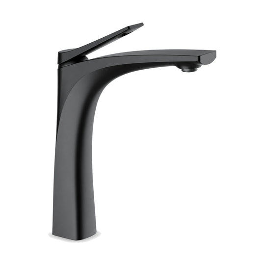 Matte Black — Matte black sculpted bathroom faucet with body flaring at the base and arcing into a flat tapered spout, tall vessel height — SANIKB DL-01 116-BK