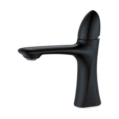 Matte Black — Matte black waisted bathroom faucet with bullet-shaped cap lever and thin tube spout with flared tip — SANIKB DL-01 128-BK