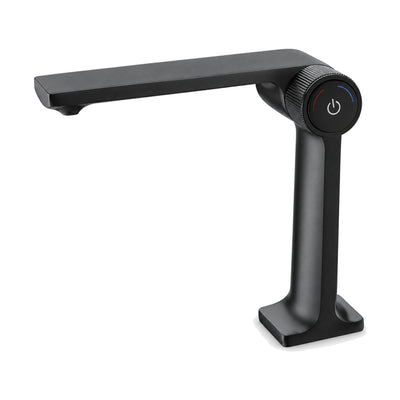 Matte Black — Matte black slim column bathroom faucet with right-angle blade spout and knurled side knob with push button — SANIKB DL-01 127-BK
