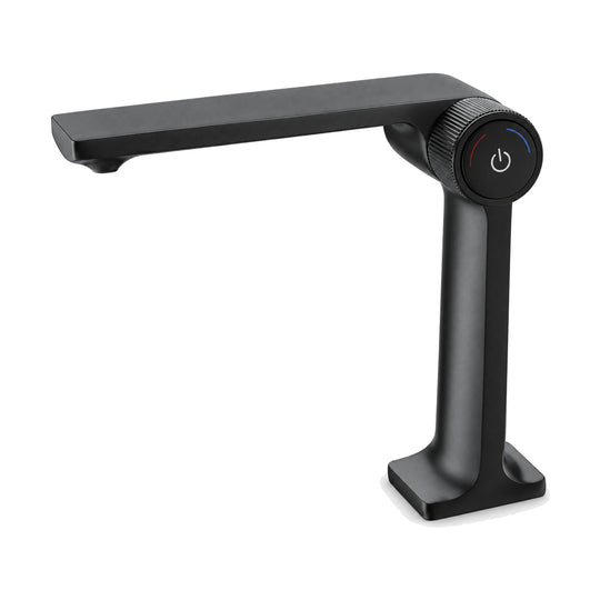 Matte Black — Matte black slim column bathroom faucet with right-angle blade spout and knurled side knob with push button — SANIKB DL-01 127-BK