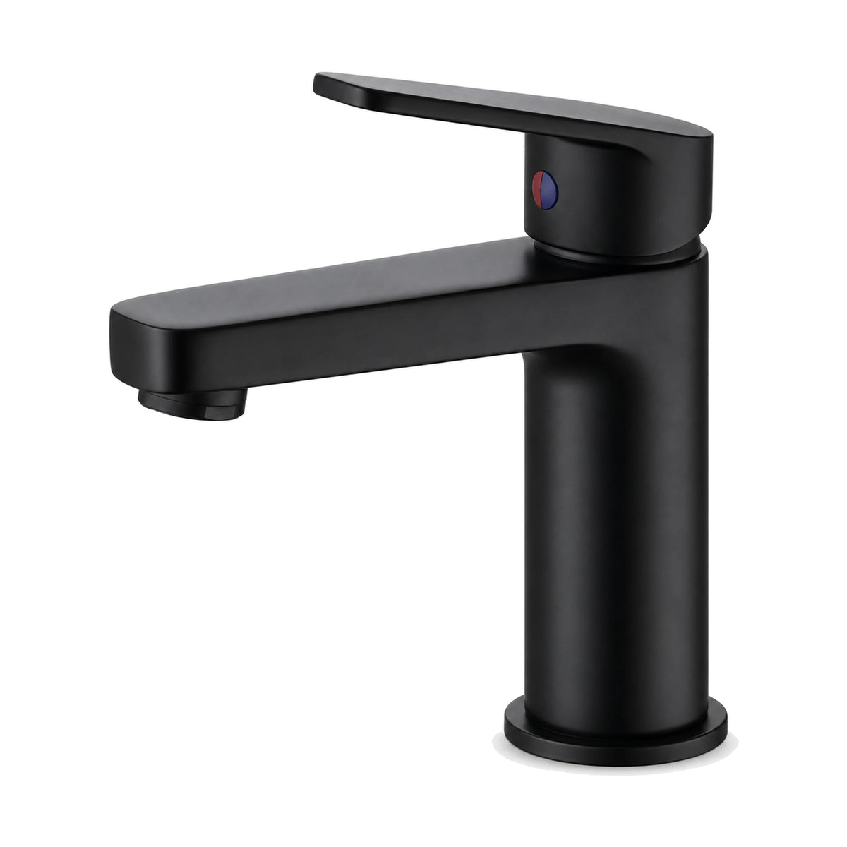 Matte Black — Matte black round body bathroom faucet with flat rectangular spout and paddle lever with red-blue indicator — SANIKB DL-01 015-BK