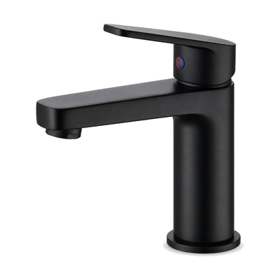 Matte Black — Matte black round body bathroom faucet with flat rectangular spout and paddle lever with red-blue indicator — SANIKB DL-01 015-BK