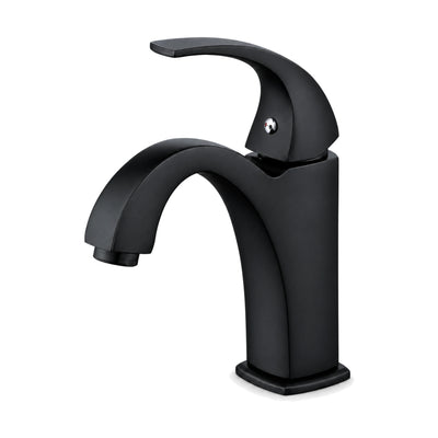 Matte Black — Matte black square body bathroom faucet with arched C-shaped spout and curved hook lever on top — SANIKB DL-01 019-BK