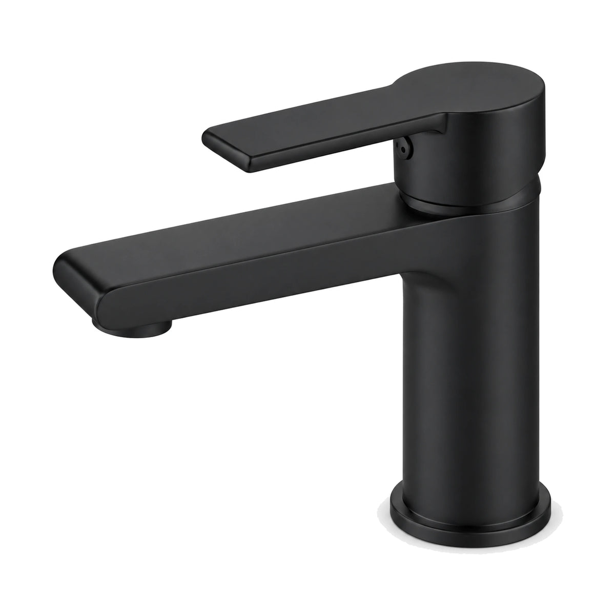 Matte Black — Matte black round column bathroom faucet with flat spout angled down at the tip and lever on an oval cap — SANIKB DL-01 037-BK