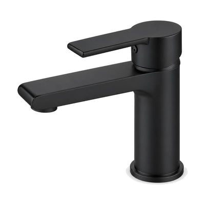 Matte Black — Matte black round column bathroom faucet with flat spout angled down at the tip and lever on an oval cap — SANIKB DL-01 037-BK