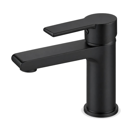Matte Black — Matte black round column bathroom faucet with flat spout angled down at the tip and lever on an oval cap — SANIKB DL-01 037-BK