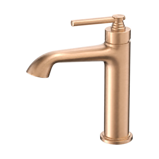 Rose gold single hole bathroom faucet with paddle lever on stepped cap and arched spout flaring at the tip — SANIKB B1006A 01 36 1